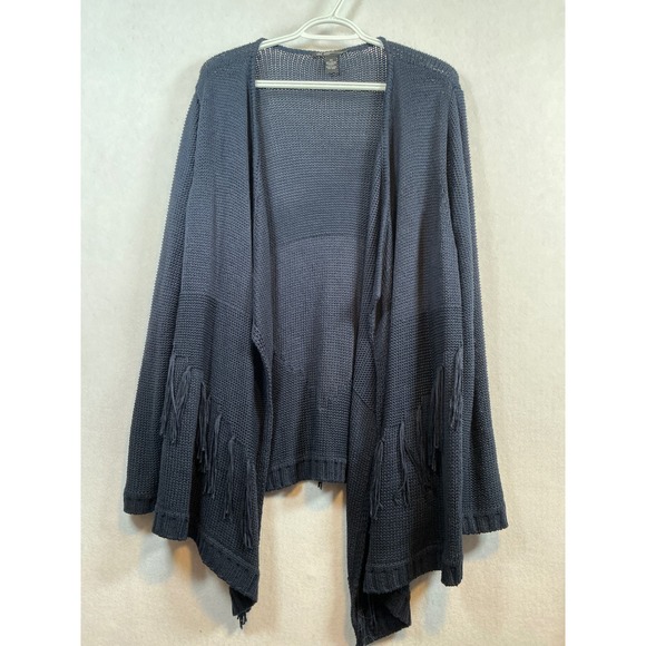 INC International Concepts Womens Navy Blue Knit Fringe OpenFront Cardigan Sz 0X - Picture 1 of 4
